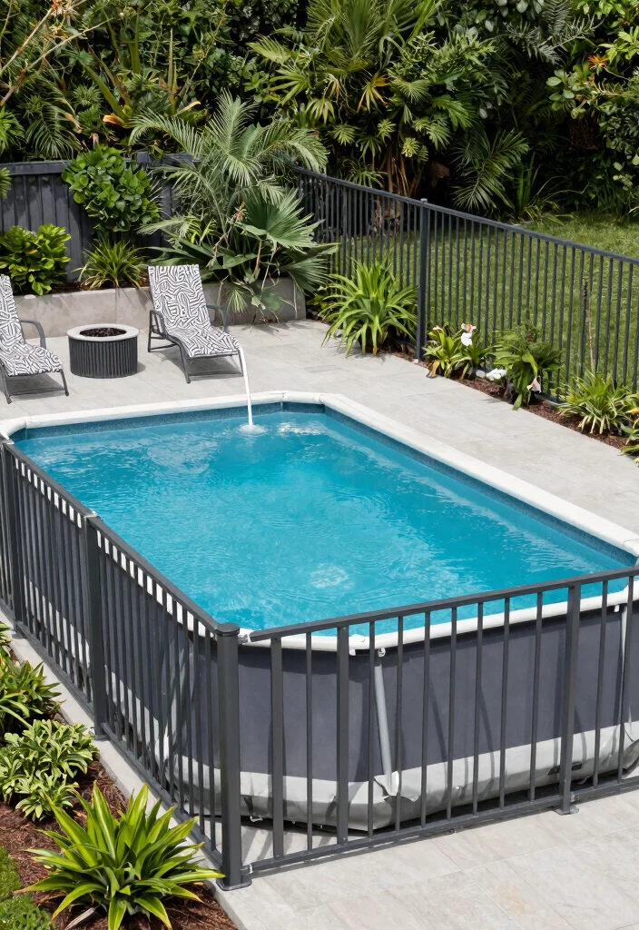 10 Above Ground Pool Fence Ideas for a Clean Finished Look 7. Minimalist Metal Fencing 0