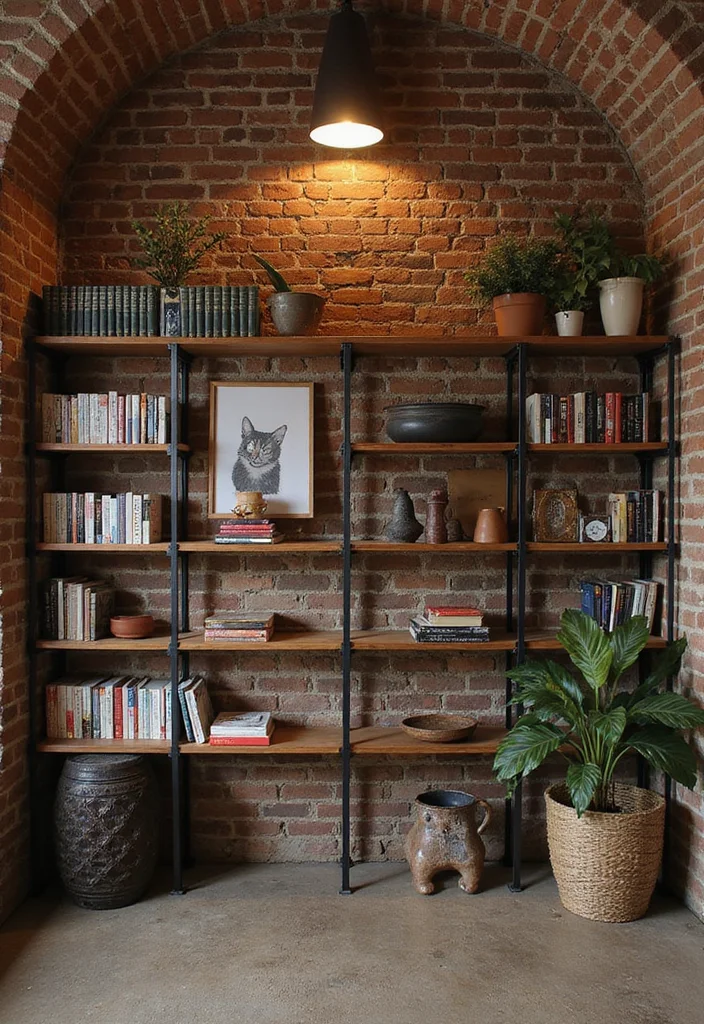 10 Basement Brick Wall Ideas for Rustic Textured Warmth 56 10 Basement Brick Wall Ideas for Rustic Textured Warmth - 6. Incorporating Shelves for Functionality