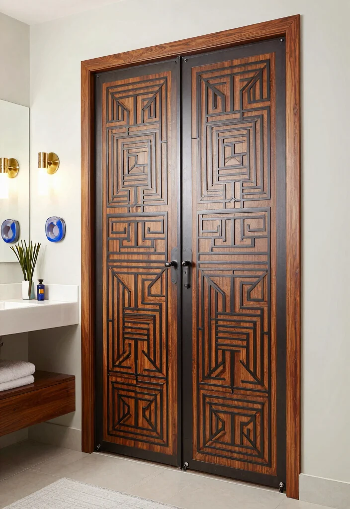 10 Bifold Bathroom Door Ideas for Tight Bathroom Layouts 6. Artistic Patterned Panels 0