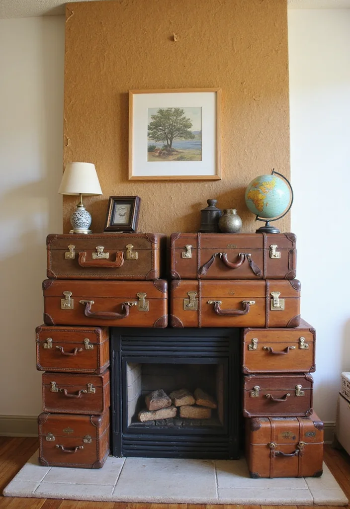 10 Boarded Up Fireplace Ideas for Creative Decorative Covers 67 10 Boarded Up Fireplace Ideas for Creative Decorative Covers - 7. Vintage Suitcase Display