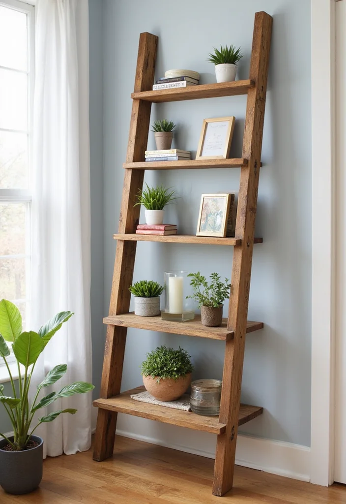 10 Cheap Wall Decor Ideas for Easy Budget Transformation 67 10 Cheap Wall Decor Ideas for Easy Budget Transformation - 7. Upcycled Ladder Shelf