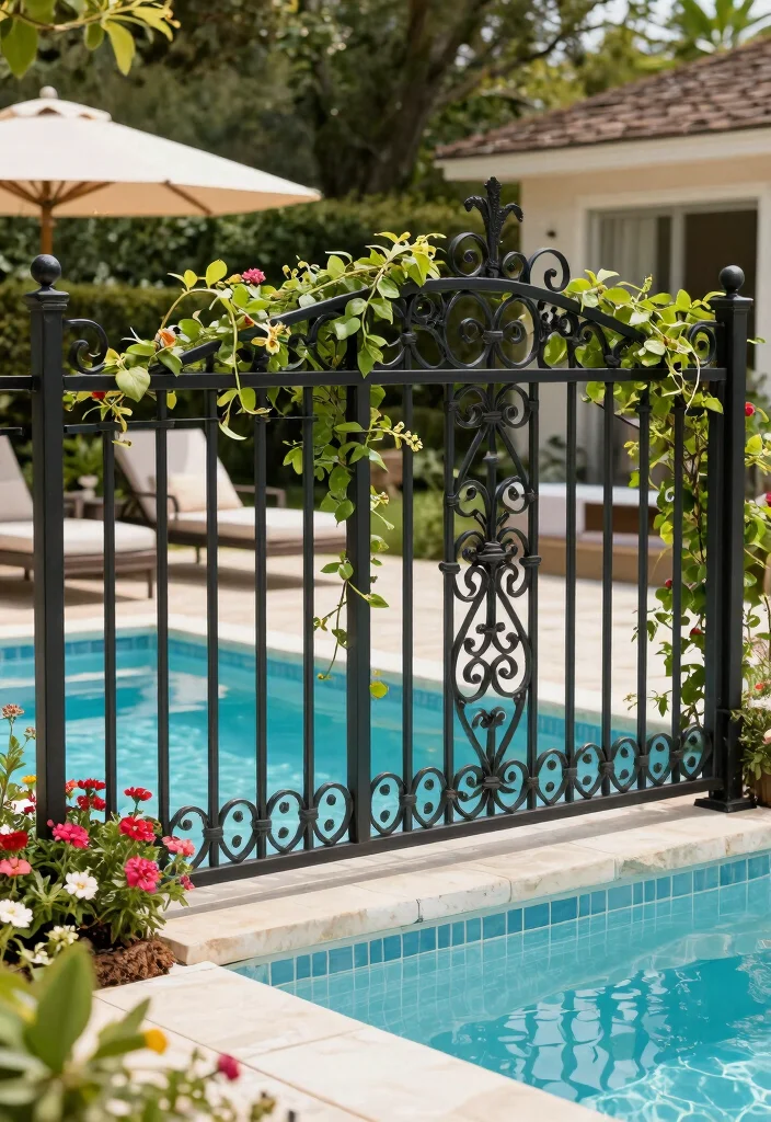 10 Inground Pool Fence Ideas That Blend with Landscaping 3. Wrought Iron Fencing with Decorative Elements 0