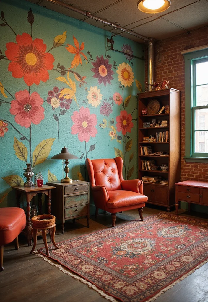 10 Retro Basement Ideas for Playful Vintage Character 45 10 Retro Basement Ideas for Playful Vintage Character - 5. Colorful Mural or Wallpaper