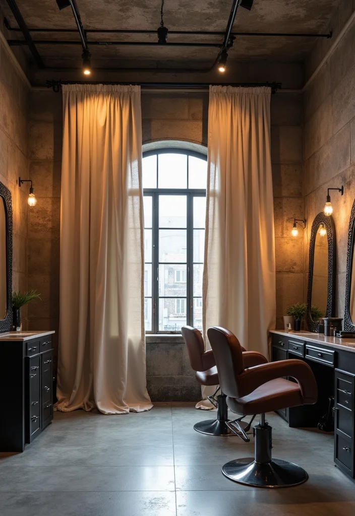 10 Salon Curtain Ideas for Stylish Functional Partitions 78 10 Salon Curtain Ideas for Stylish Functional Partitions - 8. Industrial Chic with Metal Hardware