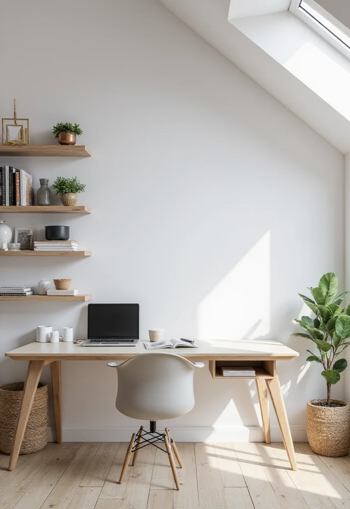 10 Slanted Ceiling Office Ideas for Smart Angled Layouts 12 10 Slanted Ceiling Office Ideas for Smart Angled Layouts - 2. Minimalist Workspace with Floating Shelves