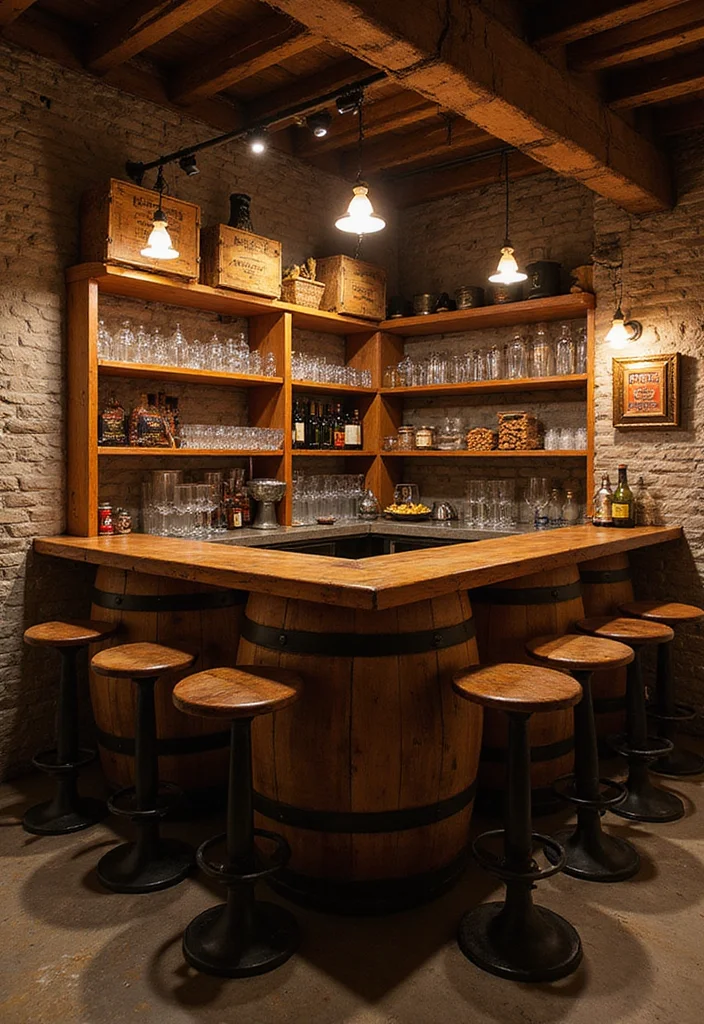 12 Basement Island Bar Ideas for Fun Social Entertaining 1 12 Basement Island Bar Ideas for Fun Social Entertaining - 1. Rustic Charm with Wooden Barrels