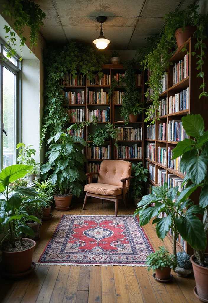12 Basement Library Ideas for Quiet Cozy Reading 122 12 Basement Library Ideas for Quiet Cozy Reading - 12. Bring in Nature with Indoor Plants