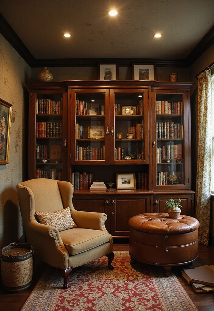 12 Basement Library Ideas for Quiet Cozy Reading 34 12 Basement Library Ideas for Quiet Cozy Reading - 4. Vintage Vibes with Antique Furniture