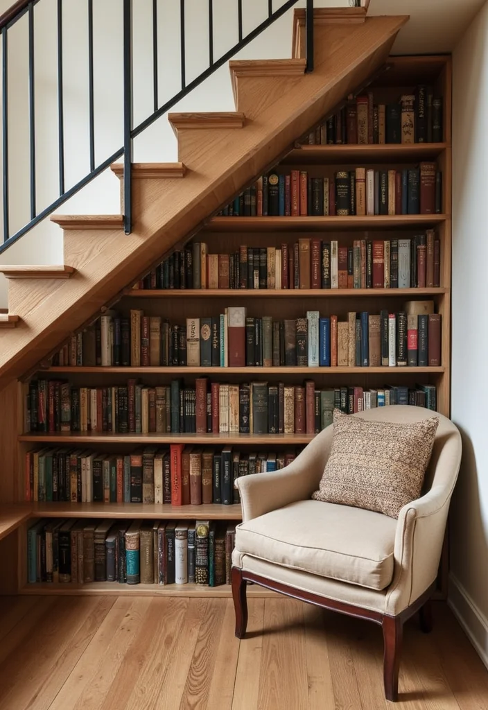 12 Basement Library Ideas for Quiet Cozy Reading 56 12 Basement Library Ideas for Quiet Cozy Reading - 6. Under-Stair Storage Solutions