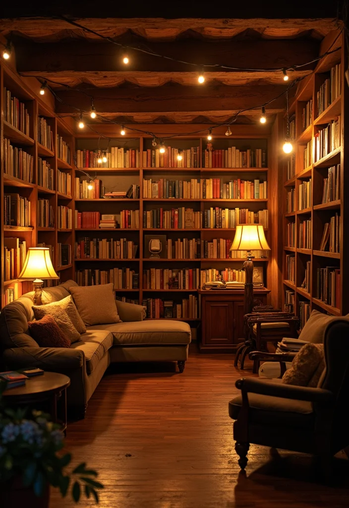 12 Basement Library Ideas for Quiet Cozy Reading 67 12 Basement Library Ideas for Quiet Cozy Reading - 7. Warm Lighting for Ambiance