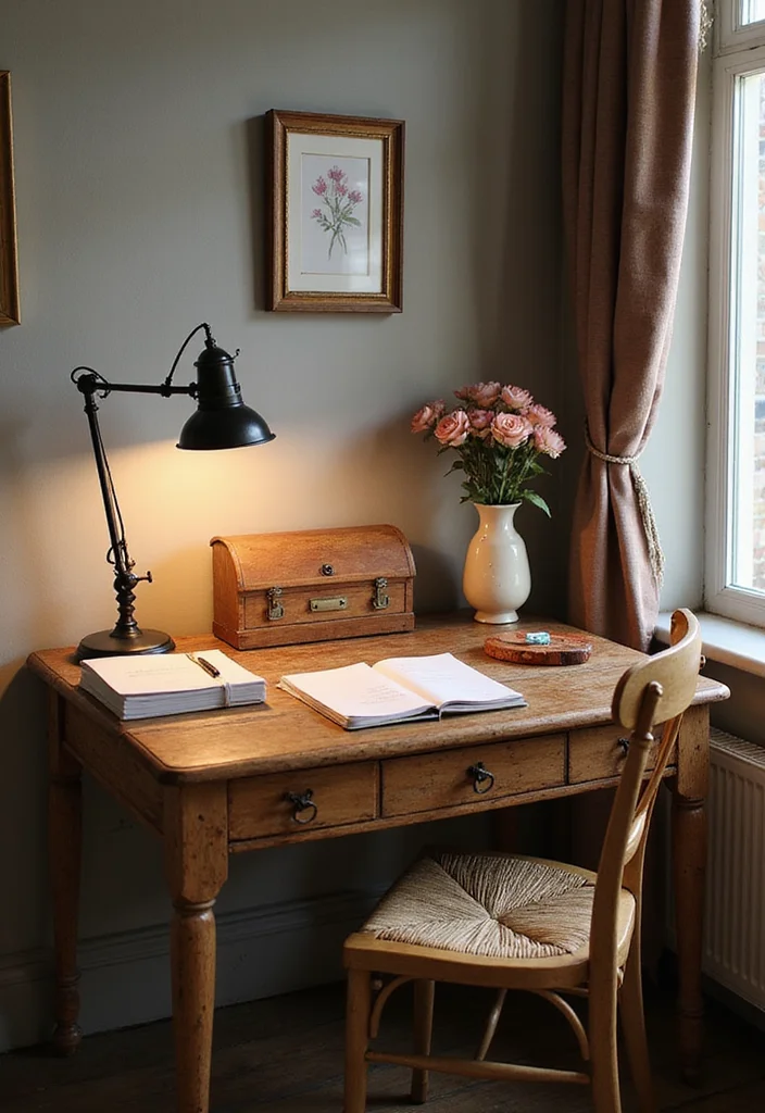12 Cottage Office Ideas for Cozy Vintage Charm 1 12 Cottage Office Ideas for Cozy Vintage Charm - 1. Vintage Wooden Desk