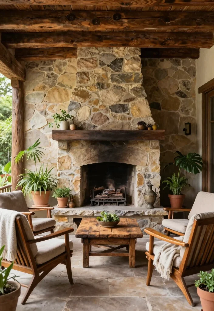 12 Covered Patio Ideas with Fireplace for Year Round Comfort 1. Rustic Charm with a Stone Fireplace 0