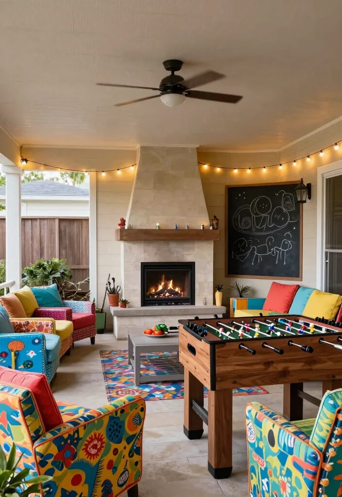 12 Covered Patio Ideas with Fireplace for Year Round Comfort 11. Family Friendly Fun Zone 0