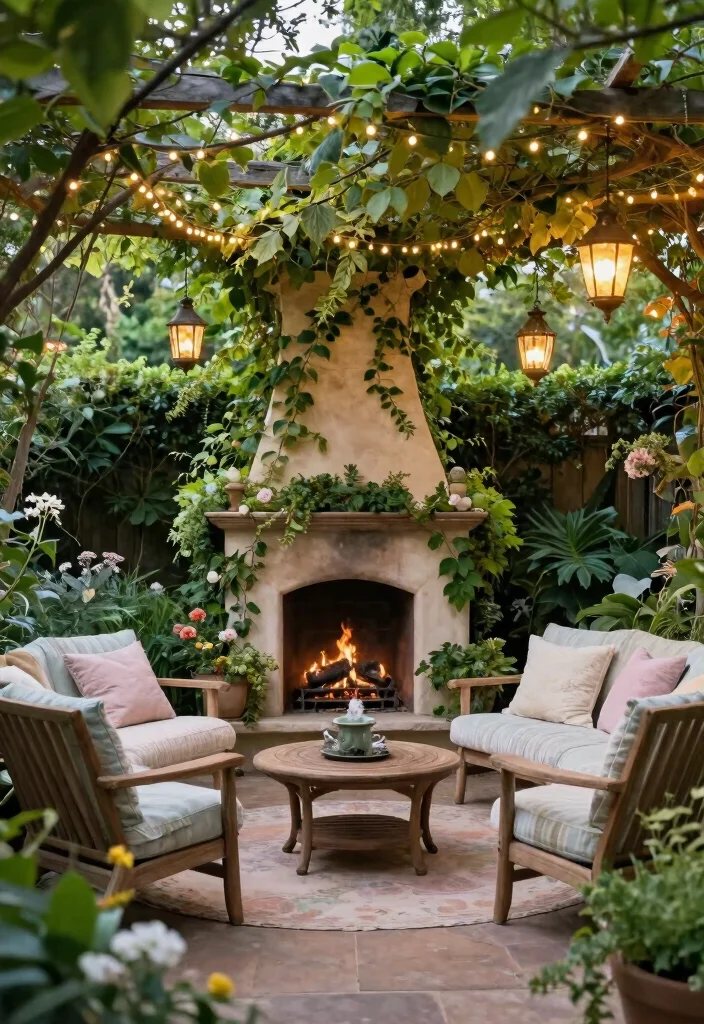 12 Covered Patio Ideas with Fireplace for Year Round Comfort 5. Enchanted Garden Escape 0