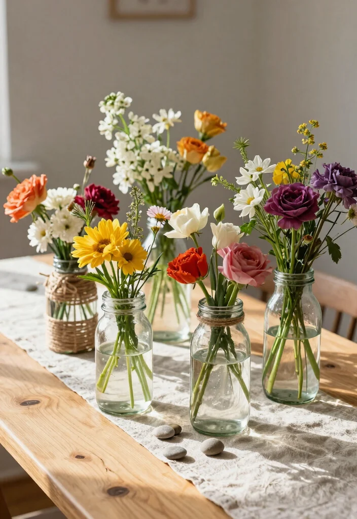 12 Dining Room Table Centerpiece Ideas for Everyday Style 1. Upcycled Glass Jar Vases 0
