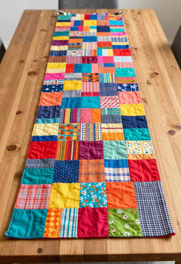 12 Dining Room Table Centerpiece Ideas for Everyday Style 9. Colorful Fabric Scrap Runner 0