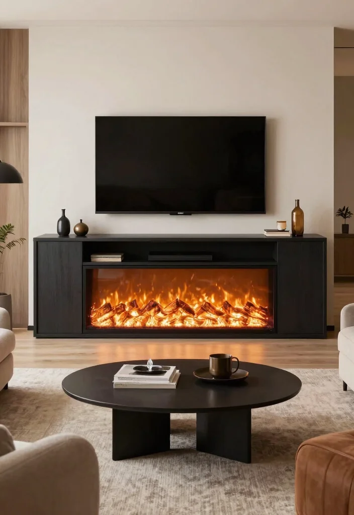 12 Electric Fireplace Ideas with TV for a Cozy Modern Living Room 12 12 Electric Fireplace Ideas with TV for a Cozy Modern Living Room 12. Dual Purpose Electric Fireplace and Media Console 0