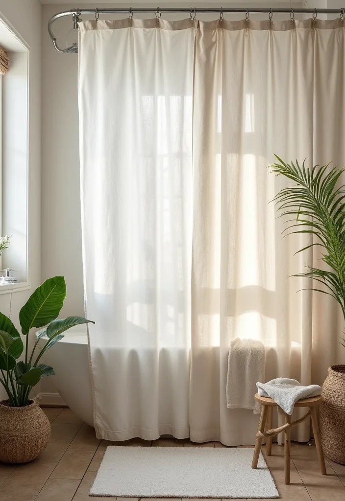 12 Green Bathroom Shower Curtain Ideas for Fresh Natural Vibes 111 12 Green Bathroom Shower Curtain Ideas for Fresh Natural Vibes - 11. Natural Linen Look