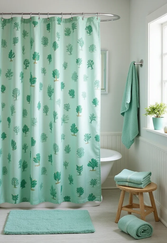 12 Green Bathroom Shower Curtain Ideas for Fresh Natural Vibes 122 12 Green Bathroom Shower Curtain Ideas for Fresh Natural Vibes - 12. Playful Green Patterns