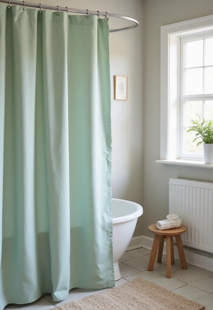 12 Green Bathroom Shower Curtain Ideas for Fresh Natural Vibes 12 12 Green Bathroom Shower Curtain Ideas for Fresh Natural Vibes - 2. Soft Sage Serenity