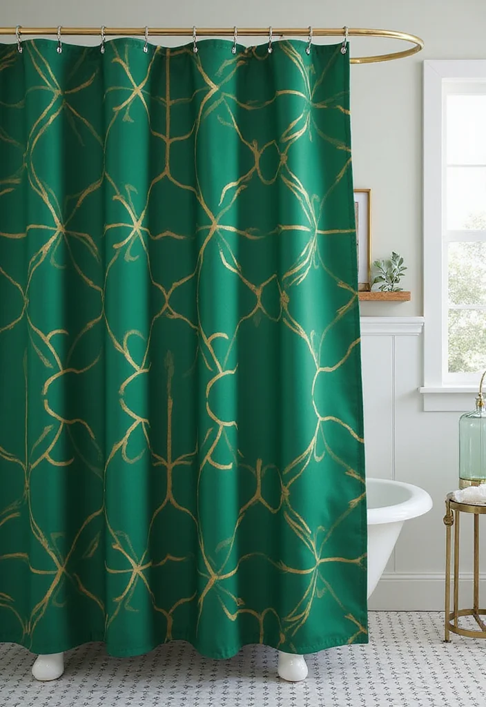 12 Green Bathroom Shower Curtain Ideas for Fresh Natural Vibes 23 12 Green Bathroom Shower Curtain Ideas for Fresh Natural Vibes - 3. Bold Emerald Elegance