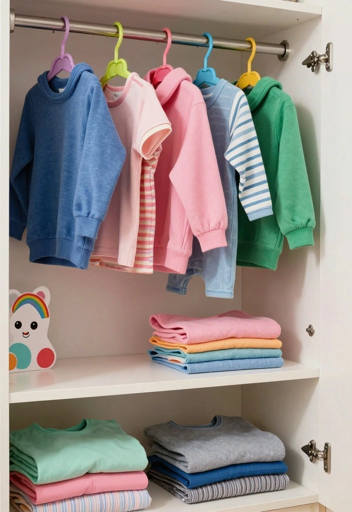 12 Kids Closet Organization Ideas to Keep Clothes and Toys Tidy 12 12 Kids Closet Organization Ideas to Keep Clothes and Toys Tidy - 2. Color-Coded Clothes Hangers 1