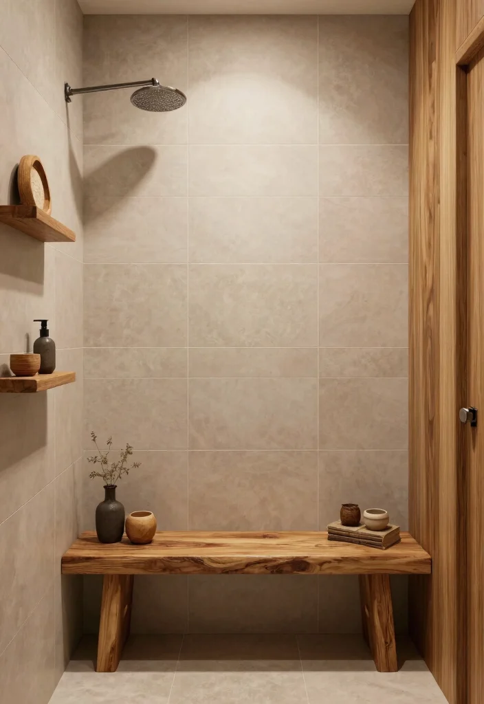 12 Large Tile Shower Ideas for a Spacious Modern Bathroom 12. Warm Wood Accents 0