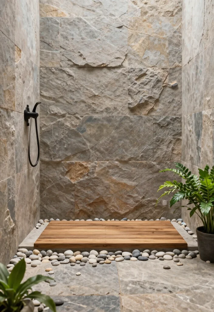 12 Large Tile Shower Ideas for a Spacious Modern Bathroom 4. Natural Stone Charm 0