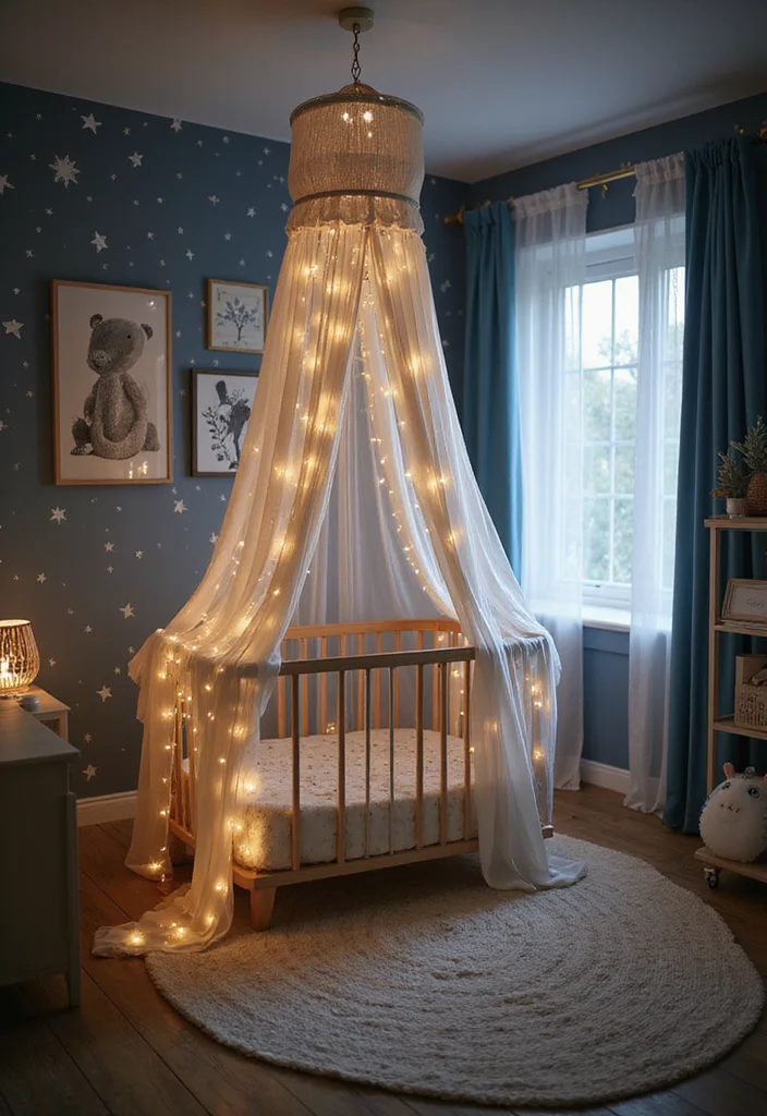 12 Nursery Wall Decor Ideas for Soft Playful Themes 122 12 Nursery Wall Decor Ideas for Soft Playful Themes - 12. Starry Night Canopy