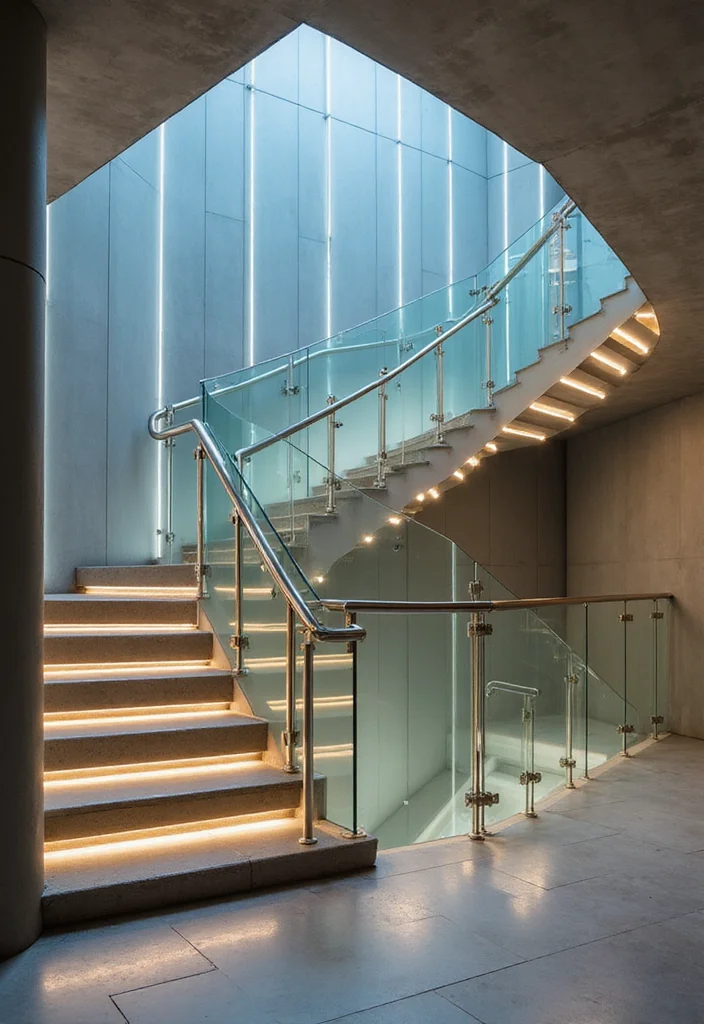 12 Open Basement Staircase Ideas for Bright Airy Style 23 12 Open Basement Staircase Ideas for Bright Airy Style - 3. Glass and Metal Fusion