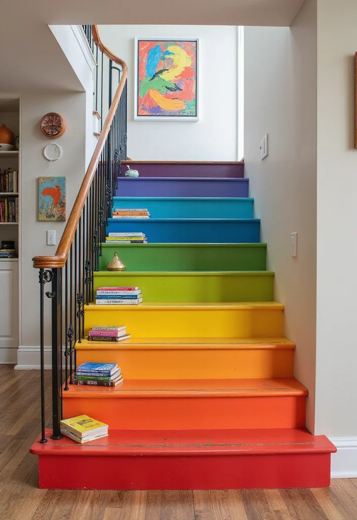 12 Open Basement Staircase Ideas for Bright Airy Style 56 12 Open Basement Staircase Ideas for Bright Airy Style - 6. Brightly Colored Staircase