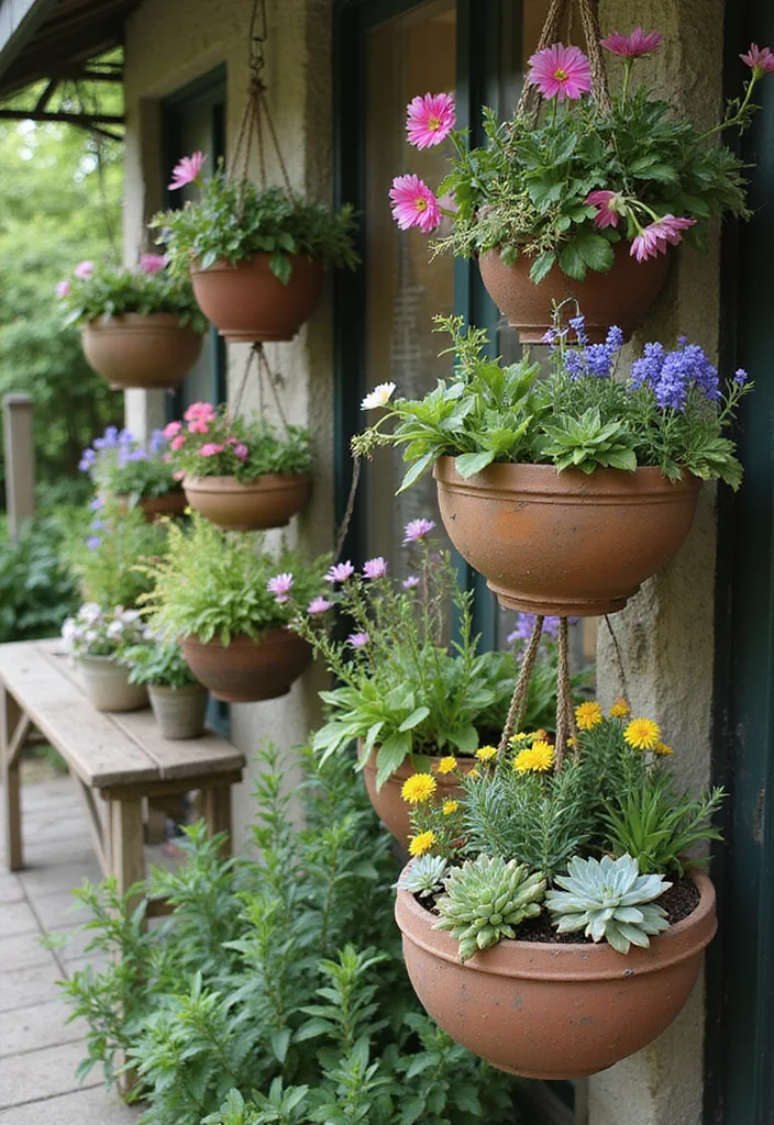 12 Patio Wall Decor Ideas for Outdoor Visual Interest 23 12 Patio Wall Decor Ideas for Outdoor Visual Interest - 3. Hanging Planter Displays