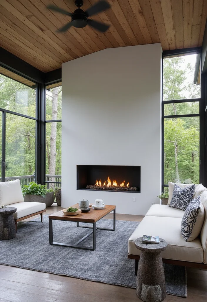 12 Screen Porch Fireplace Ideas for Cozy Outdoor Living 12 12 Screen Porch Fireplace Ideas for Cozy Outdoor Living - 2. Modern Minimalist Fireplace