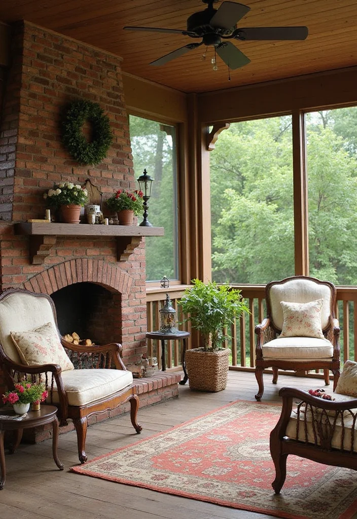 12 Screen Porch Fireplace Ideas for Cozy Outdoor Living 23 12 Screen Porch Fireplace Ideas for Cozy Outdoor Living - 3. Traditional Brick Fireplace
