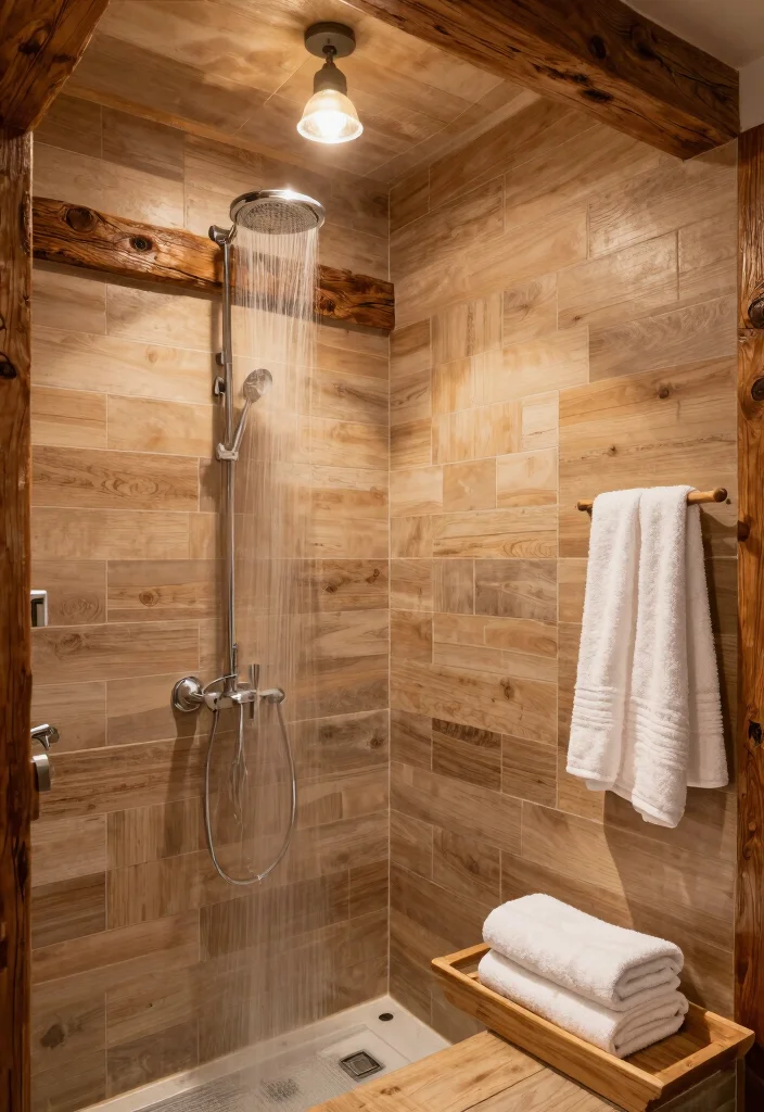 12 Wood Tile Shower Ideas for a Warm Natural Feel 10. Rustic Beam Accents with Wood Tile Shower 0
