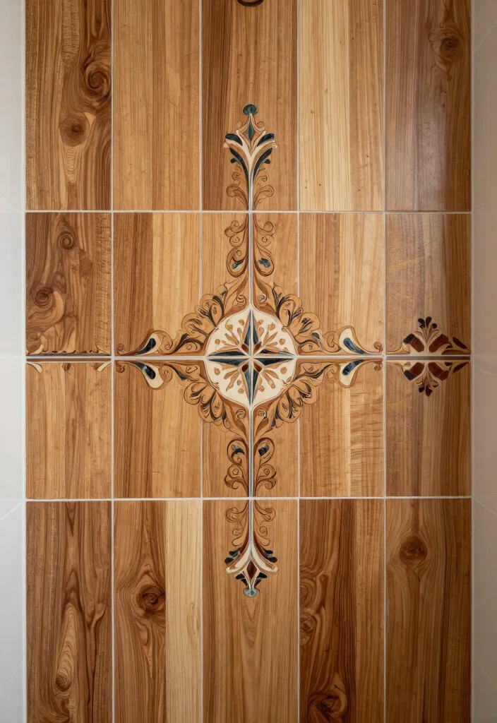 12 Wood Tile Shower Ideas for a Warm Natural Feel 12. Decorative Inlays with Wood Tiles 0