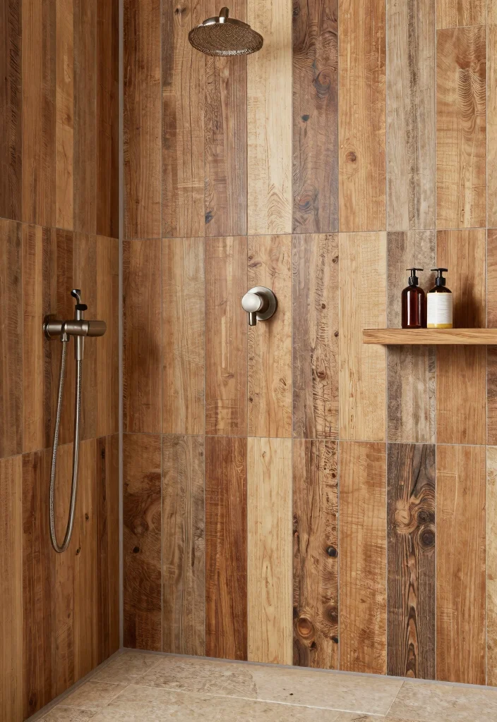 12 Wood Tile Shower Ideas for a Warm Natural Feel 4. Reclaimed Wood Tile Shower 0