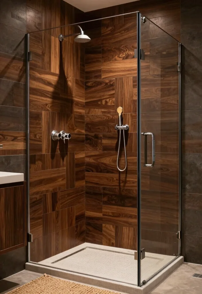 12 Wood Tile Shower Ideas for a Warm Natural Feel 5. Dark Walnut Wood Tile Shower 0