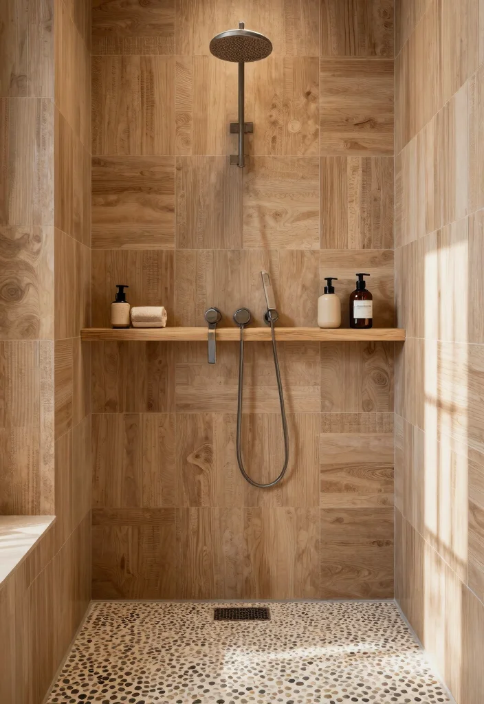 12 Wood Tile Shower Ideas for a Warm Natural Feel 6. Textured Wood Tile with Pebble Floor 0