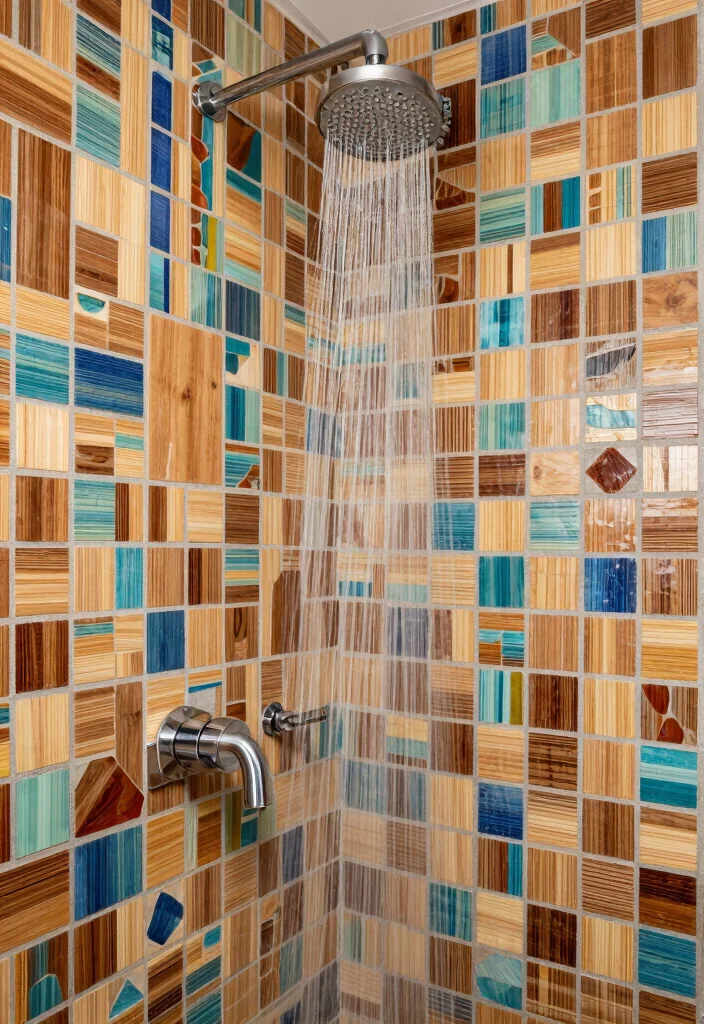 12 Wood Tile Shower Ideas for a Warm Natural Feel 8. Mosaic Wood Tile Shower 0