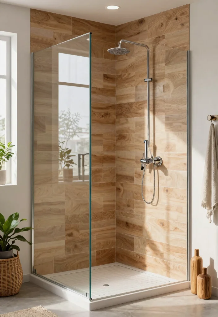 12 Wood Tile Shower Ideas for a Warm Natural Feel 9. Open Concept Wood Tile Shower 0