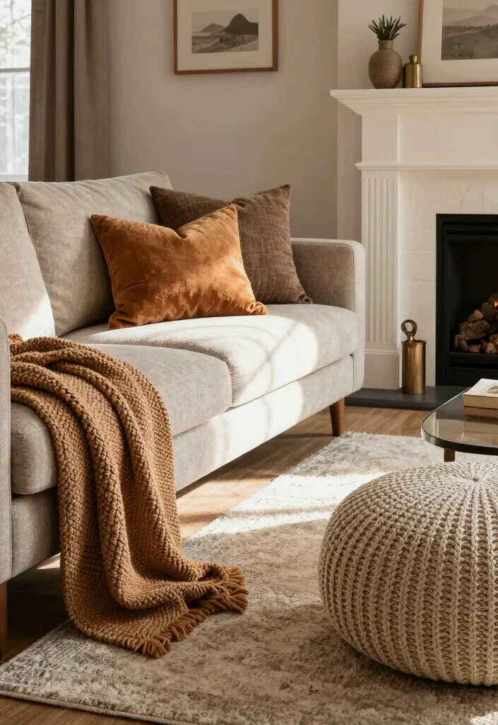 14 Living Room Ideas with Fireplace for a Warm Inviting Layout 3. Textured Fabrics and Warm Throws 0