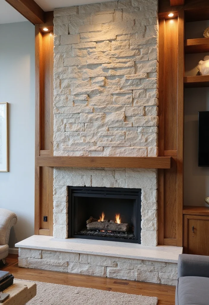 14 Stone and Wood Fireplace Ideas for Natural Cozy Balance 100 14 Stone and Wood Fireplace Ideas for Natural Cozy Balance - 10. Vertical Stone & Wood Integration