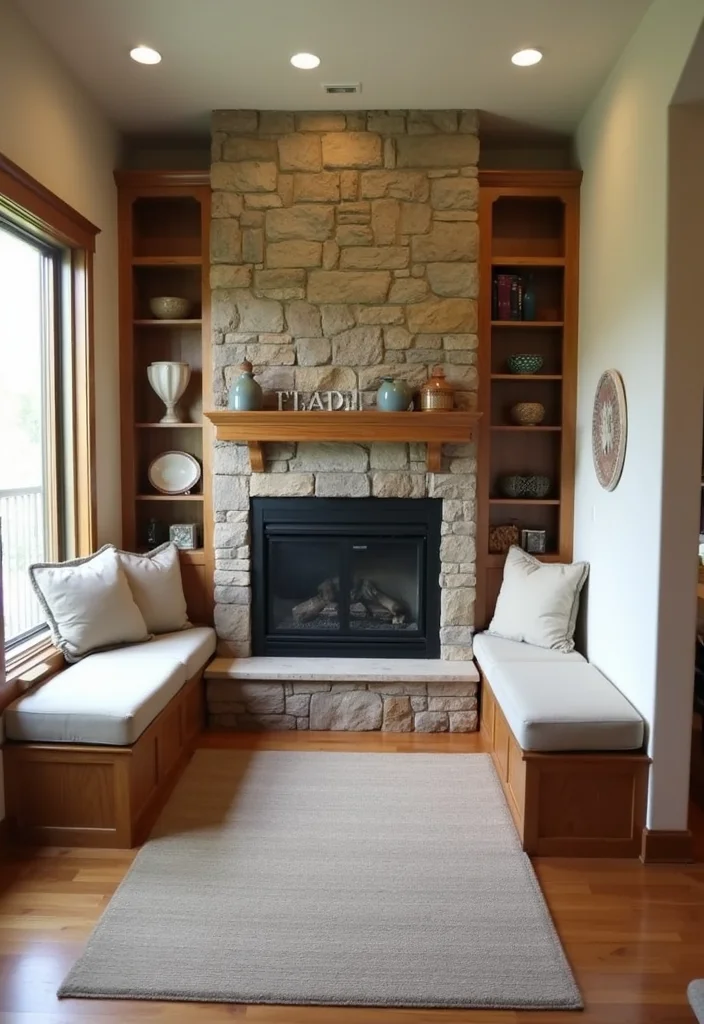 14 Stone and Wood Fireplace Ideas for Natural Cozy Balance 89 14 Stone and Wood Fireplace Ideas for Natural Cozy Balance - 9. Built-In Seating by the Fireplace