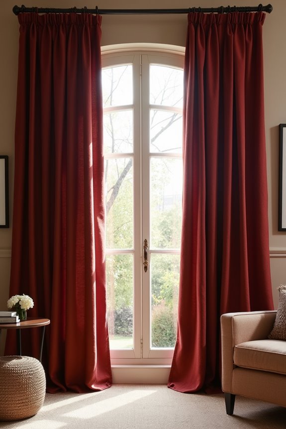 burgundy curtains warm beige retreat
