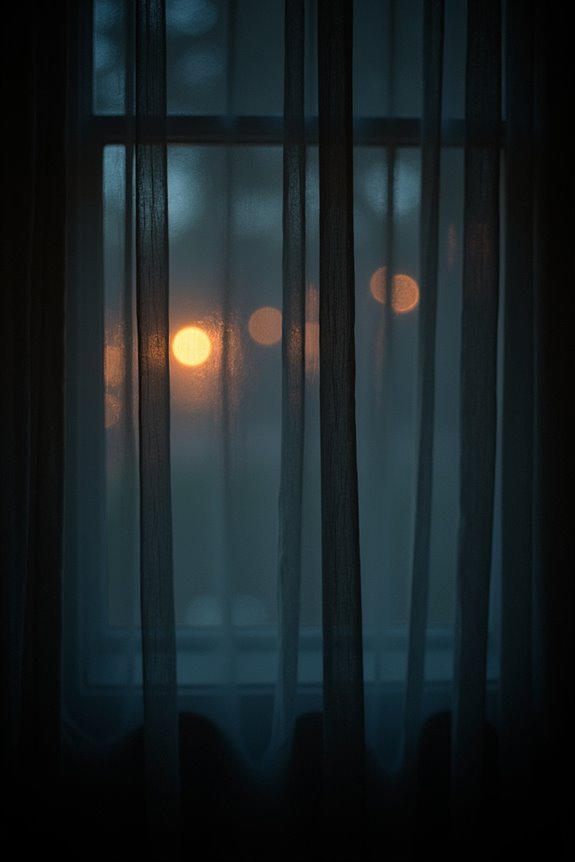 exterior lights reveal silhouettes through curtains